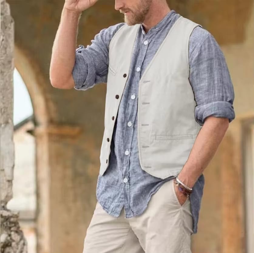 Men Vest Linen V Neck Lightweight Summer Casual Vest For Men Beach Wedding Groomsmen Waistcoat2