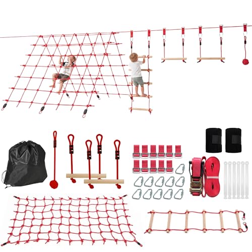 AIYAPLAY   Campo de obstáculos para niños, 10 m, carga 100 kg, Slackline y bolsa de transporte, equipo de juego al aire libre para niñas y niños, fácil instalación, rojo