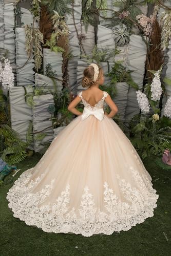 Cute Flower Girl Dress Scoop Neck Pearls Lace Applique Tulle Ball Gown Skirt Long Girls Formal Dress with Bow3