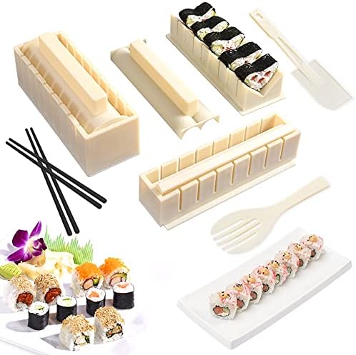 YiiMO Sushi Making Kit, 12pcs Sushi Maker, Fun Sushi Rice Roll DIY Tool Set for Beginners, Easy to Clean Premium Plastic Plates Moulds Chopsticks Spatula for Home Kids Party