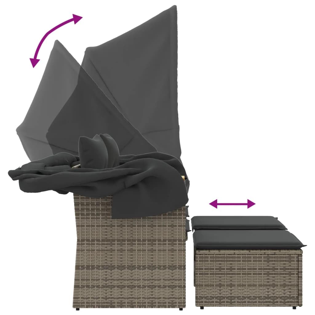 Divano da Giardino 2 Posti in Rattan con Tettuccio e 2 Poggiapiedi | Set modulare da esterno per terrazzo e giardino con tavolino integrato, cuscini sfoderabili e pouf salvaspazio.