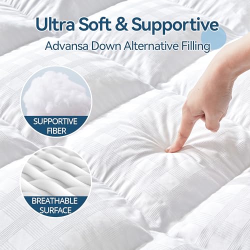 ABENE Mattress Topper for Back Pain Relief, Extra Thick Mattress Pad Pillowtop, Soft Cotton Cover with 8"-21" Deep Pocket, 1300gsm Overfilled Down Alternative Filling (Cotton White, King)