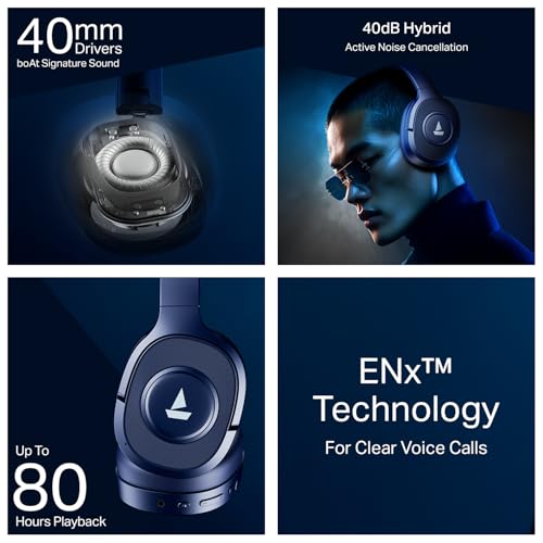 Image of Boat Rockerz Plus 550 ANC, (~40dB) Hybrid ANC, 80Hrs Playback, 40ms Low Latency Beast Mode, 40mm Drivers, BT v5.4, Bluetooth Headphones, Wireless Headphone with Mic (Bold Blue)