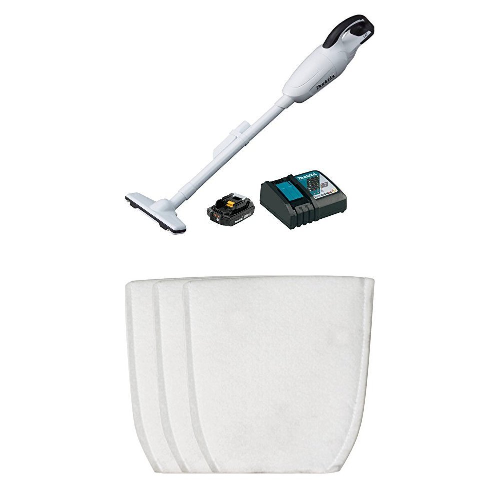 Makita XLC02RB1W 18V Compact Lithium-Ion Cordless Vacuum Kit with 2.0 Amp Battery and T-03193 Cloth filter (3-pack)