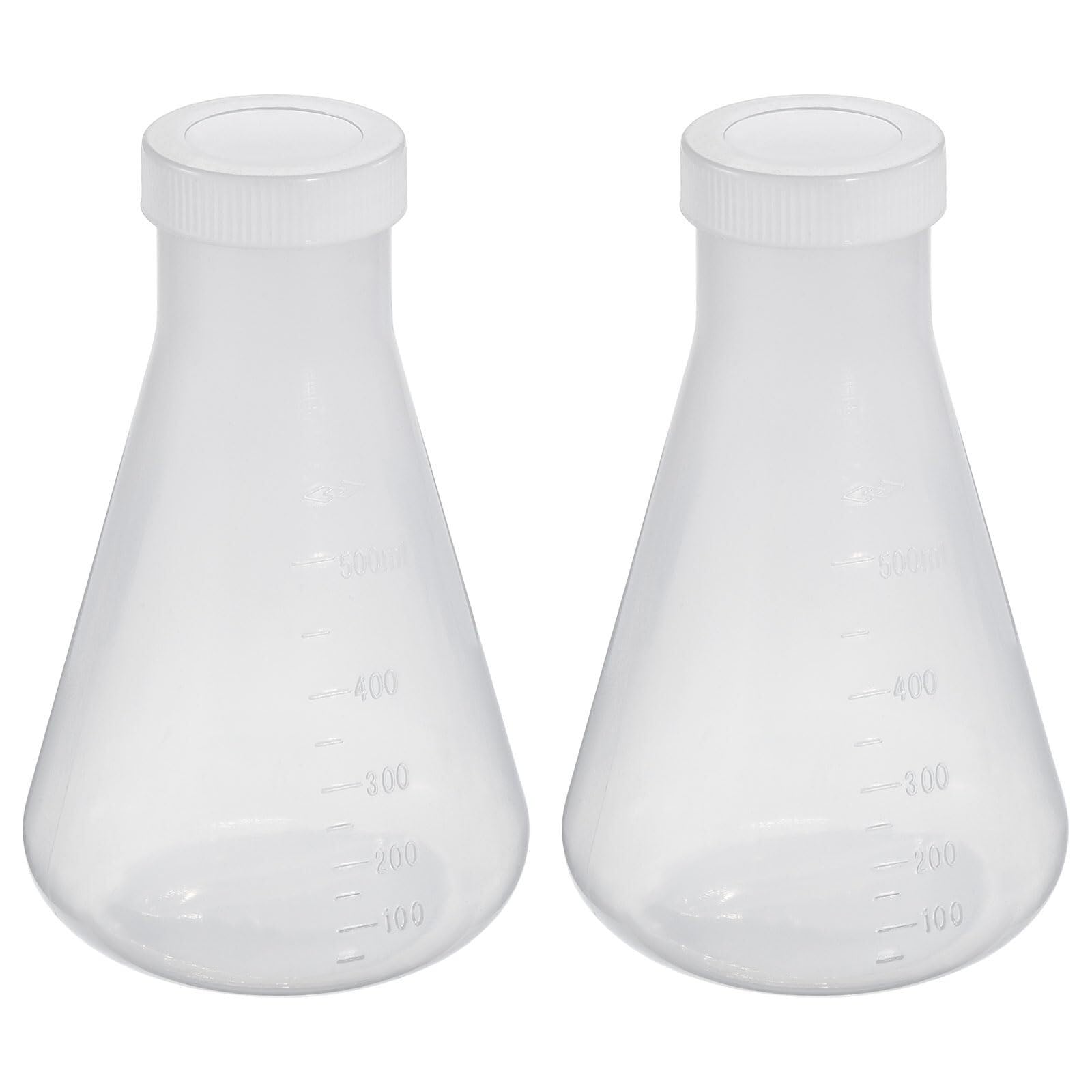 Matraz de Erlenmeyer de Plástico 100ml con Tapón de Roscas, Matraz Cónico Duradero para Laboratorio, Pack de 2 Transparente(500ml)