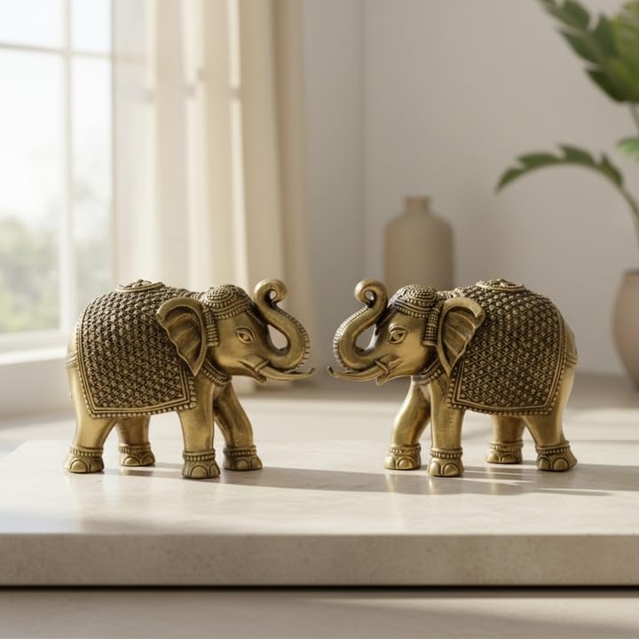 Image of eCraftIndia Set of 2 Brass Elephant Statue Decorative Showpiece Gift for Diwali Housewarming Birthday | Elephant showpiece for Home Decor