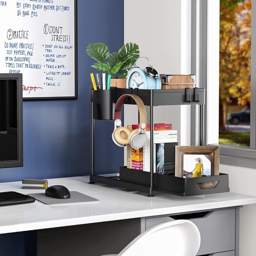 Image of Umite Chef Under Sink Organizer Rack Adjustable 2-Tier Shelf for Kitchen Cabinet, Expandable Storage Rack with Removable Panels,Professional for Kitchen Bathroom Carbon Stainless Steel - Black