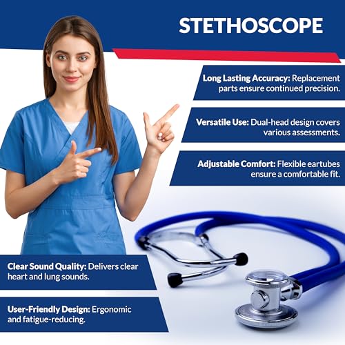 Image of Blood Pressure Monitor and Sprague Stethoscope Kit - 2-Pack, Adult Aneroid Sphygmomanometer with Dual-Head Stethoscope, Adjustable BP Cuff, Carrying Case & Accessories - Royal Blue