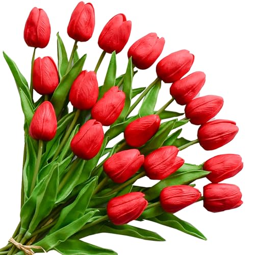 Image of ONLY ART Artificial Red Tulips 20 Pcs - 13.5 Inch PU Faux Flowers with Bendable Stems for Home Decor, Wedding Centerpieces, DIY Floral Arrangements, New Year and Valentine's Day