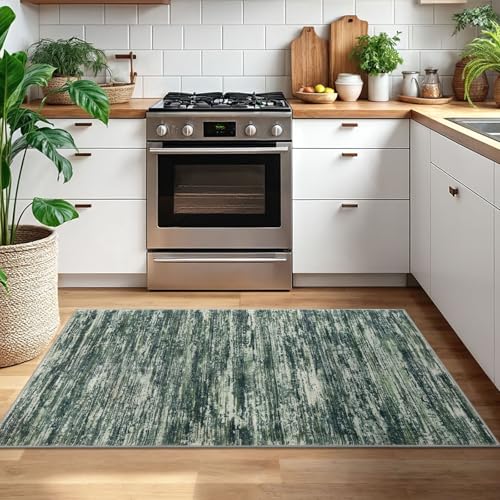 3x5 Dark Green Modern Abstract Rug for Farmhouse, Super Soft Washable Rug with Non-Slip, Low-Pile Indoor Door Area Rug for Living Room Bedroom, Carpet with Non-Shedding