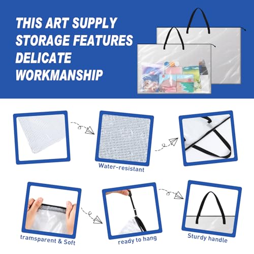 Image of Tenceur 2 Pcs Art Portfolio Case 24 x 36 and 48 x 36 Inch Large Poster Storage Bag PVC Art Portfolio Container with Zipper and Handle Bulletin Board Clear Storage Folder for Artwork