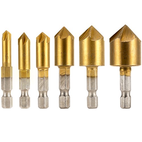 EFANTUR Avellanadora Broca Avellanado 90 grado Vástago Hexagonal Ø 6-19mm para Avellanar Madera y Metal Aluminio latón 6 pcs Cortador Chaflán Biseladora con Eje Hexagonal [ Enchapado de Titanio ]