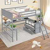 LLS Full Loft Bed with L-Shaped Desk, Storage Shelves and 2 Drawers, Solid Wood Full Size Loft Bed Frame with Guardrails & Ladder for Girls Boys Junior Adults, Space-Saving, Grey