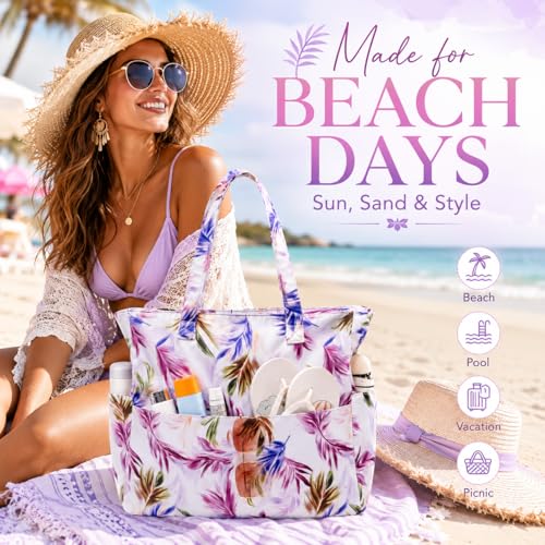 Image of LEDAOU Large Beach Bag Women Waterproof Sandproof Zipper Beach Tote Pool Bag for Swim Gym Grocery Travel with Wet Pocket