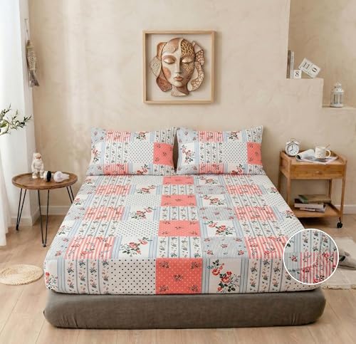 Image of VAS COLLECTIONS Cloud Cotton Corner Elastic Fitted Double Bedsheet Set (78 x 72 + 8 Inches) with 2 Pillow Covers | 160-180 TC Soft Breathable Cotton Fitted Sheet | Bed Sheet (Pastel Patchwork)