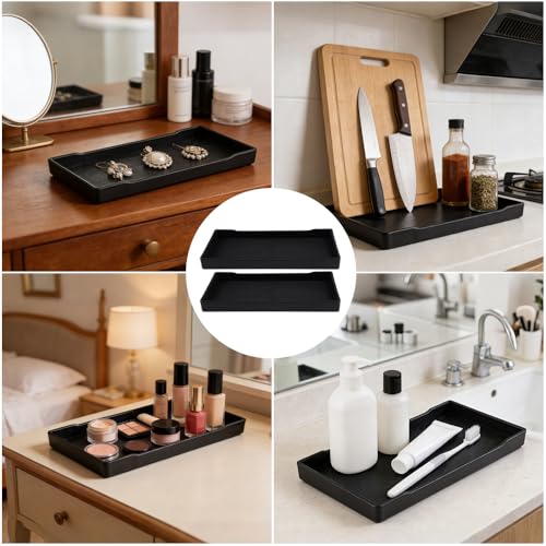 2 Stück Badezimmer Tablett, 20 X 10 X 2 cm Rechteckige Dekotablett Schwarz, Badezimmertablett, Wasserfest Kleines Tablett für Toilettenartikel, Kosmetika, Küchenarbeitsplatten, Schminktische
