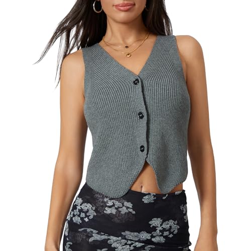 Image of Womens Vintage Knittd Tank Y2k Vest Crop Top Sleeveless V-Neck Open Front Button Crochet Knit Vests Versatile Tops