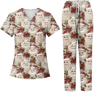 Generic Christmas Scrubs Set for Women Nurse Uniform Top & Pants with Multi Pocket for Nurse Esthetician Workwear