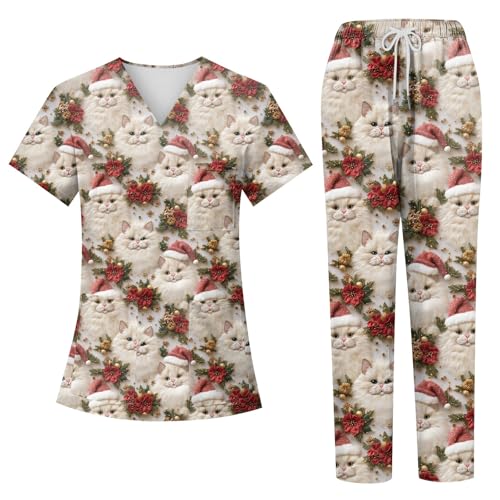 Generic Christmas Scrubs Set for Women Nurse Uniform Top & Pants with Multi Pocket for Nurse Esthetician Workwear