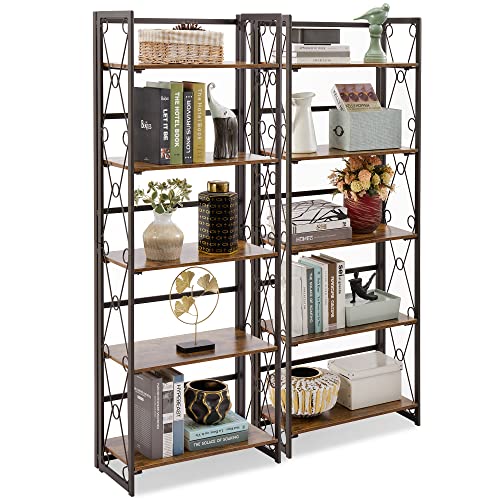 Vecelo 5 Tier Folding Bookshelf, 2-Step Assembly Foldable Bookcase With Standing Display Shelves, Collapsible Metal Frame With Lace X Shape And Anti-Toppling Design, Antique Brown, Set Of 2 #TOP7