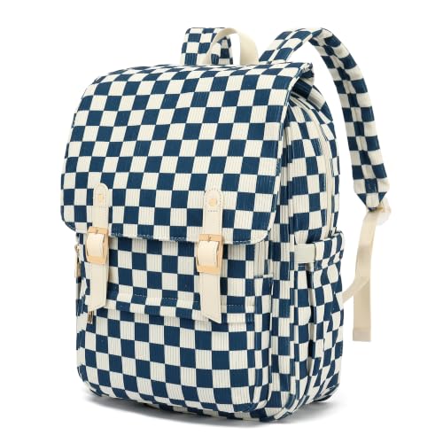 Image of Women Laptop Backpack, Corduroy 15.6 inch Travel Backpack for Work College Business, Teacher Nurse Bag with Large Capacity School Bookbag Bags for Girls - Checkered Navy Blue