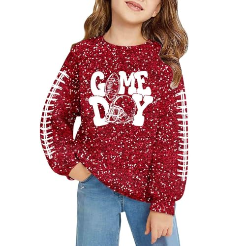 Girl's Football Sweatshirts Sparkly Sequin Print Game Day Outfits Long Sleeve Football Graphic Pullover Tops Sportswear 2-14Y
