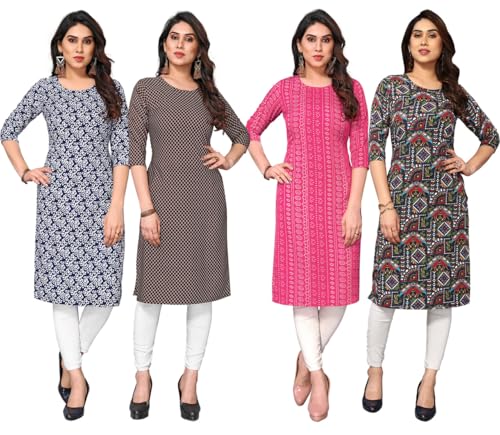 Image of JAKHANA Women's Crepe Printed Casual Straight Calf Length Round Nick Kurta Pack of 4