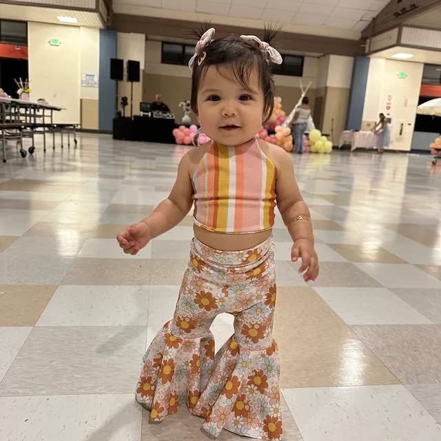 Pudcoco Toddler Baby Girls Groovy Flower Retro 70s Halter Top and Bell Bottom Pants Outfit Set Birthday Clothes