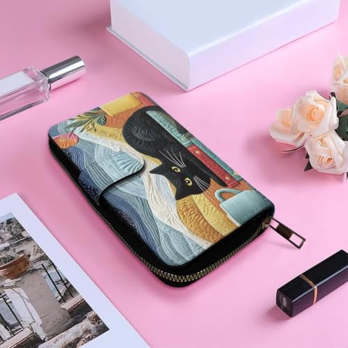Image of COEQINE Ladies Wallets Pink Leopard Heart Black Printed Leather Phone Long Clutch Purses Check Coin Change Holder