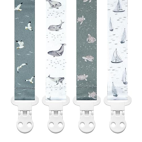 Image of Stadela Baby Pacifier Clip Holder - Girl or Boy Unisex 4 Pack Gift Set – Nautical Blue Whales Boats Turtles (Gone Sailing)