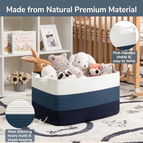 Goodpick Storaget Basket, 21.6" x 14.9" x 11.8", Toy Storage Baskets for Bedroom, Large Baskets for Organizing, Rectangle Woven Rope Basket for Blanket Storage, Blue