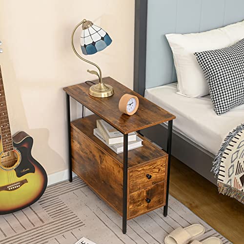 Weenfon Side Table,End Table With 2 Drawers & 1 Open Storage Shelf, Narrow Sofa Side Table With Metal Legs,Accent Furniture For Living Room，Bedroom， Rustic Brown And Black #TOP6