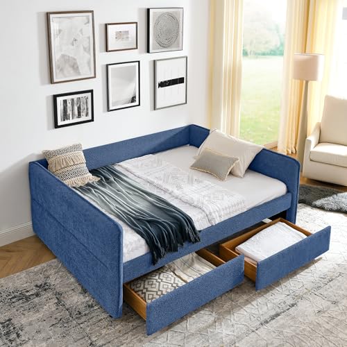 KEIKI Queen Size Boucle Upholstery Daybed with 2 Drawers, Modern Style Tufted Corner Sofa Bed Frame with Solid Wooden Slats, Easy Assembly, No Box Spring Required, for Living Room, Bedroom, Blue