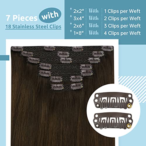 Fshine Clip in Hair Extensions Human Hair Darkest Brown Fading to Light Brown Highlight Darkest Brown Double Weft Real Human Hair Clip in Extensions 14 Inch 7pcs/120g Hair Extensions Clips - Image 3