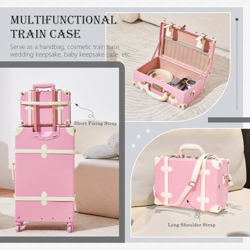 Image of UNIWALKER Vintage Luggage Set of 3, Retro Spinner Trunk with Combo Lock for Women, Cute Designer Travel Suitcase Set with Train Case, 26 inch+20 inch+12 inch, Rose Pink