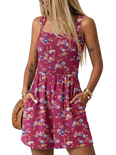 Image of Lepunuo Womens Rompers for Summer Casual Smocked Jumpers Overalls Square Neck Jumpsuits with Pockets Beach Vacation