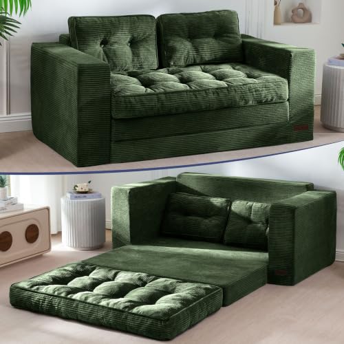 Image of MAXYOYO Convertible Sofa Bed, Pull Out Loveseat Sofa Couch, 2 in 1 Folding Couch Bed, Fold Out Floor Couch with Pillows for Living Room Bedroom Lounge, Dark Green