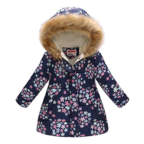 Haokaini Baby Girl's Winter Warm Floral Hooded Windproof Faux Fur Cotton Parka Padded Overcoat Coat, blue, 5-6 Years