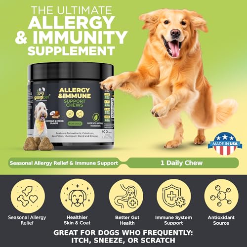 Image of Googipet Dog Allergy Chews, Seasonal Dog Allergy Relief & Itchy Skin Relief, Skin & Coat Supplement Colostrum, Coconut Oil, Omega 3 Fish Oil, & Bee Pollen for Dogs Itch Relief