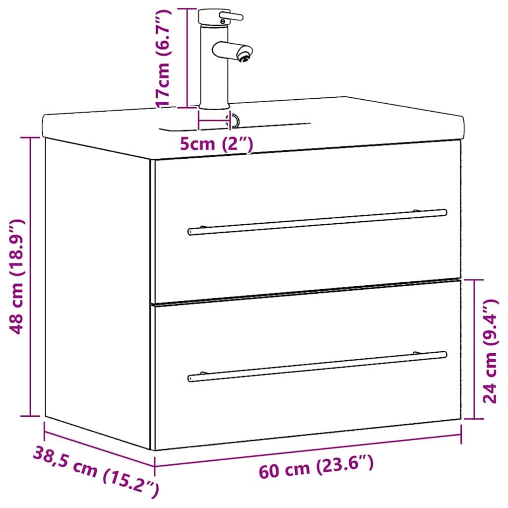 Armario de lavabo de madera vieja con lavabo de cerámica, 60 x 38,5 x 48 cm, 2 cajones, armario de baño para baño, montaje en pared, espacio de almacenamiento muebles con estante y organizador
