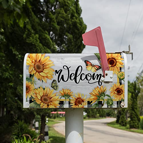 Auirre Summer Fall Welcome Mailbox Cover Magnetic Standard 21" X 18", Sunflower Butterfly Decorative Flower Buffalo Plaid Check Autumn Post Letter Box Wrap Farmhouse Rustic Decor For Garden Yard #TOP6