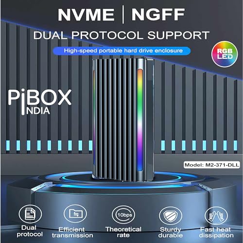 Image of NVME M2 LED Enclosure, PiBOX India NVMe /NGFF SATA Dual SSD Enclosure - USB 3.2 10Gbps, Tool-Free M.2 NVMe Case, PCI-E NVMe Reader, USB-C, Supports M & B&M Keys, 2230 /2242 /2260 /2280 SSD RTL9210B