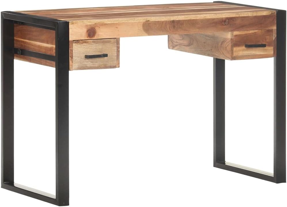 Solid Wood Desk 110x50x76 cm with Two Drawers, Sturdy Steel Frame, Vintage Style Acacia Rubberwood Computer Table for Home Office, Durable Workstation and Study Desk