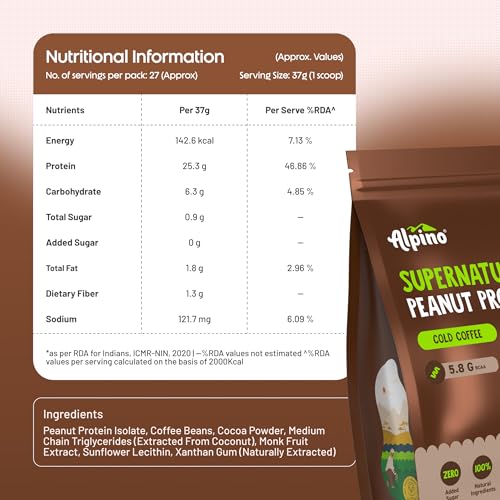 Image of Alpino Supernatural Peanut Protein Powder Cold Coffee 1kg - 25g Plant Based Protein, 5.8g BCAAs, Real Coffee Beans, Vegan