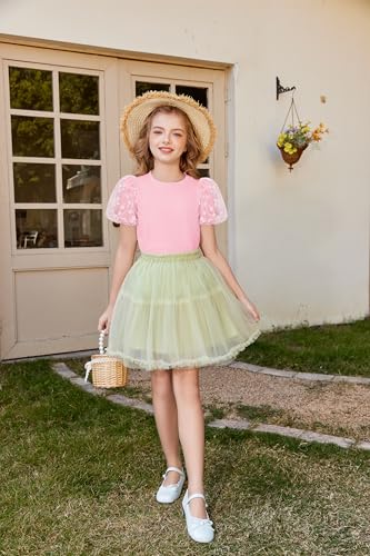 Image of Arshiner Girls Shirts Mesh Puff Short Sleeves Blouse Crewneck Cute Print Summer Kids Tee Tops