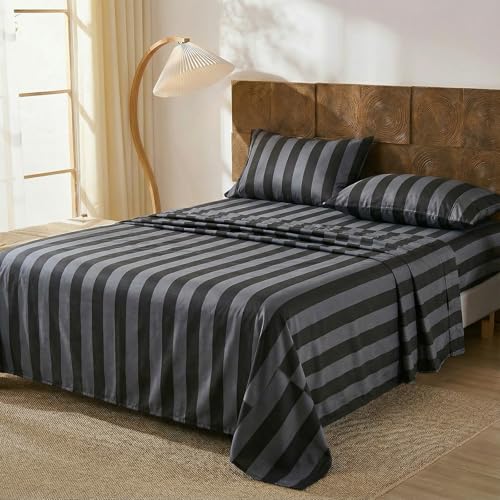 Image of Merryword 100% Cotton Sheet Set Full Size - Black and Gray Stripes Bedding, Soft Breathable Percale Weave, Wide Stripe Deep Pocket Sheet 17.5 inch, Luxury Linen Like, 4-Piece All Season Bedding