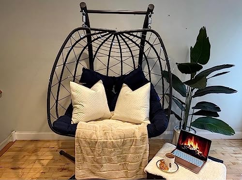 Yitahome Hanging Egg Swing Chair With Stand Double Egg Chair 2 Person Wicker Chair Indoor Outdoor Hammock Egg Chair With Cushions 500Lbs For Patio, Bedroom, Garden And Balcony, Navy Blue #TOP30