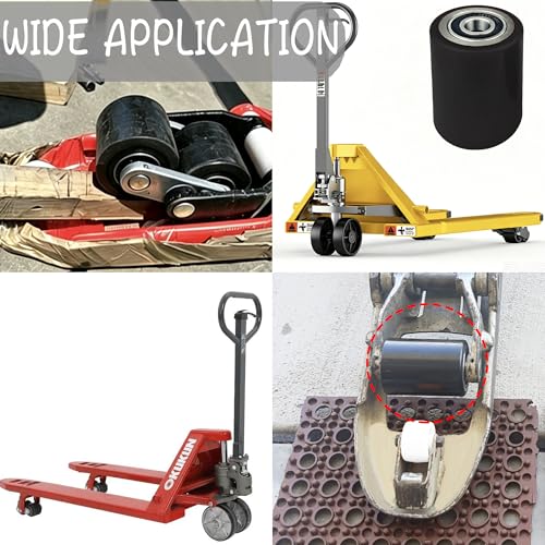 Image of Pair of Pallet Jack Load Wheels Replacement Kit with PU Tread Wheel 3 x 3.75 inch,Pre-Installed Bearings ID 20mm,Axles(Length 4.8 inch) and Pins,also for Manual Hand Lift Truck Rear (1, Black)