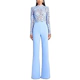 dsumvns Women's Floral Lace Jumpsuit Elegant Mesh See Through One Piece Bell Pants Long Sleeve Dressy Jumpsuit