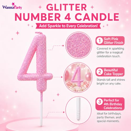 Image of Wanna Party Glitter Designer Pink Number 4 Birthday Candle, Numerical Cake Candle for 4th Birthday, Cake Cutting, Party Decoration & Celebration Supplies - 1PC
